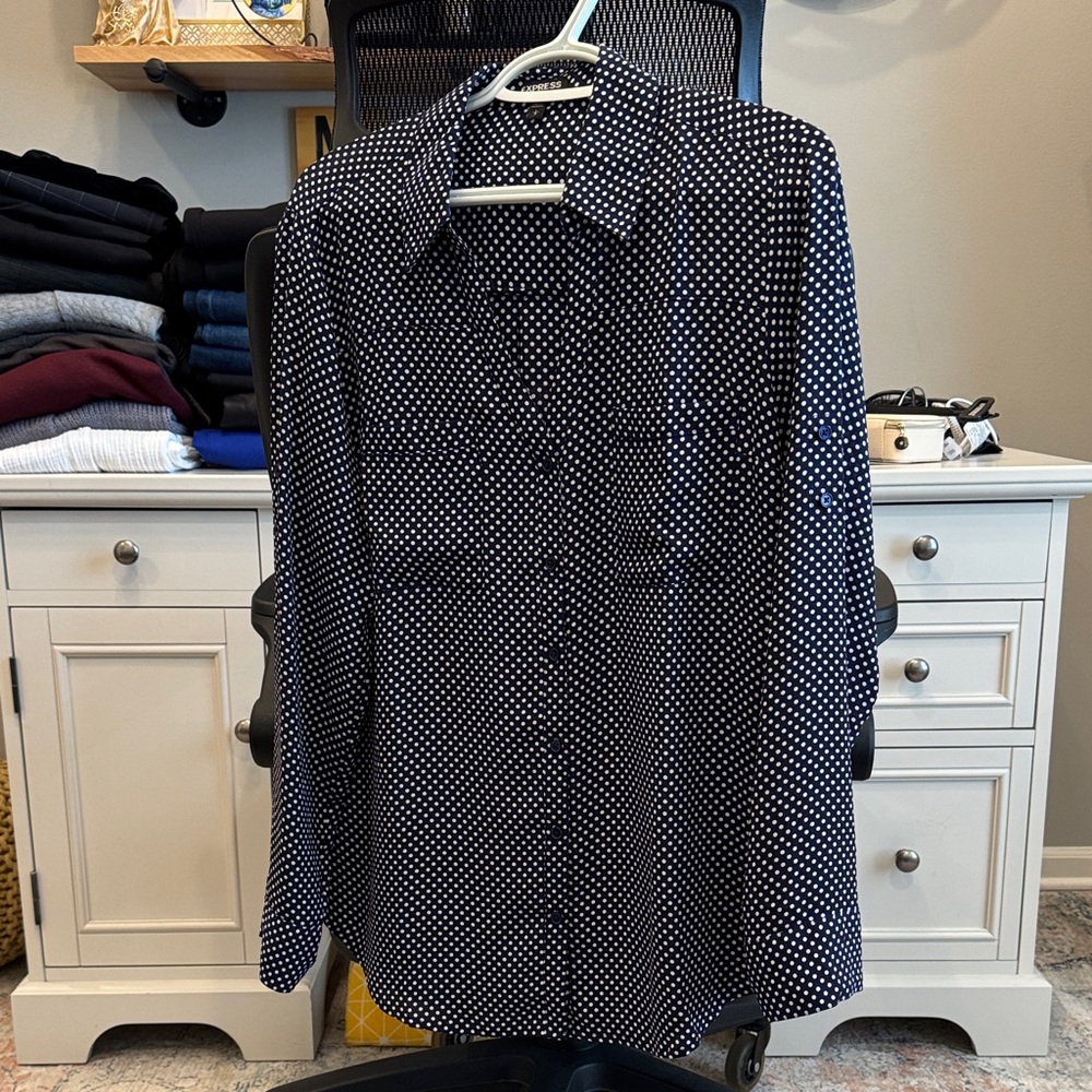 Express Women's Navy and White Polka Dot Tunic